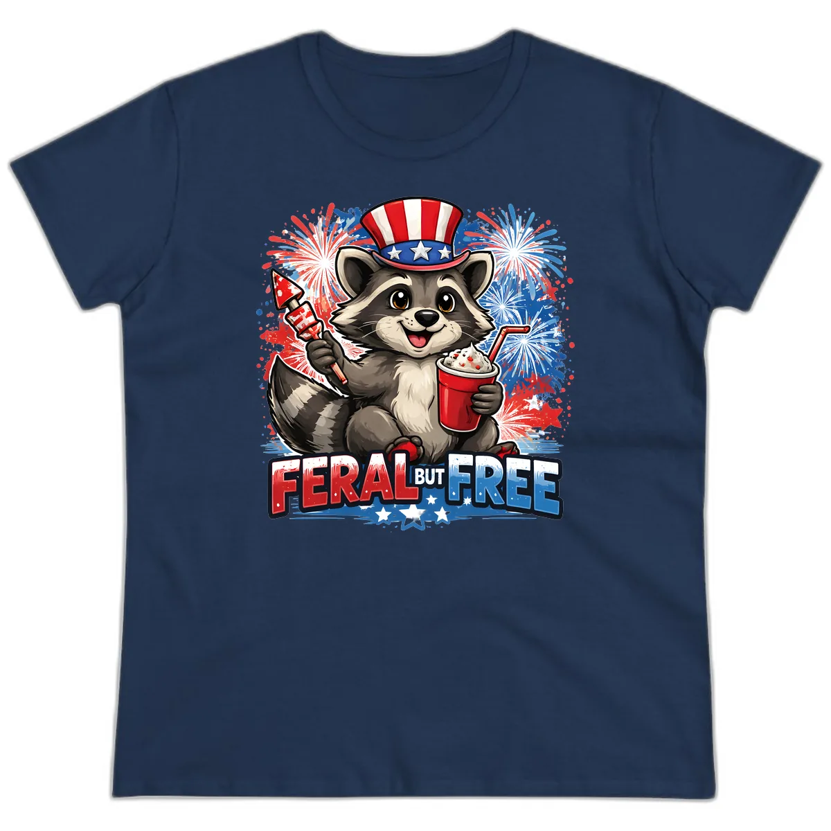 Feral But Free Raccoon Fourth of July Celebration Ladies Tee in Navy
