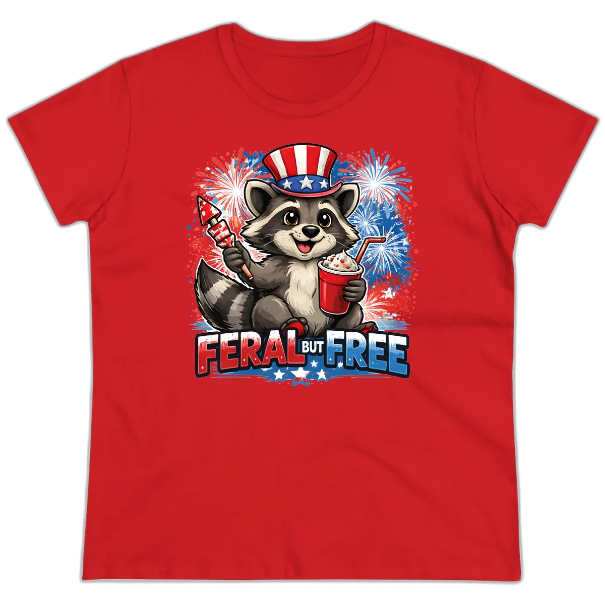 Feral But Free Raccoon Fourth of July Celebration Ladies Tee in Red