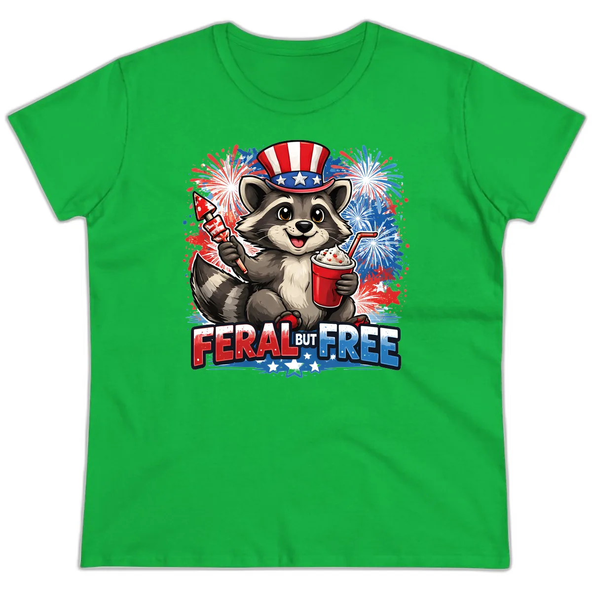 Feral But Free Raccoon Fourth of July Celebration Ladies Tee in Irish Green