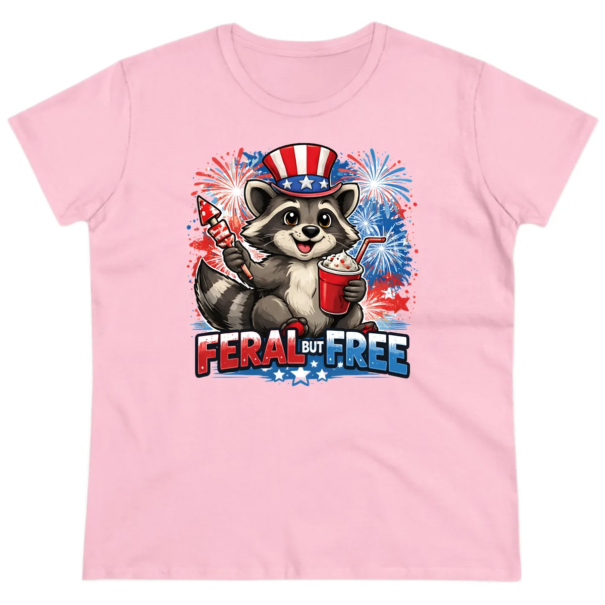 Feral But Free Raccoon Fourth of July Celebration Ladies Tee in Light Pink