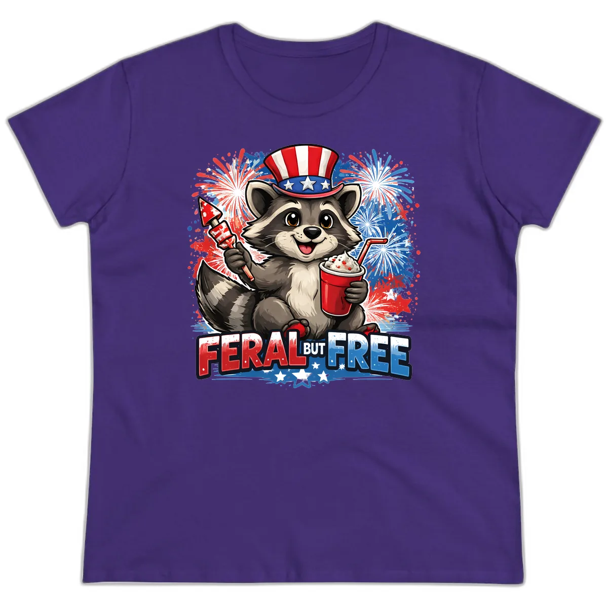 Feral But Free Raccoon Fourth of July Celebration Ladies Tee in Purple