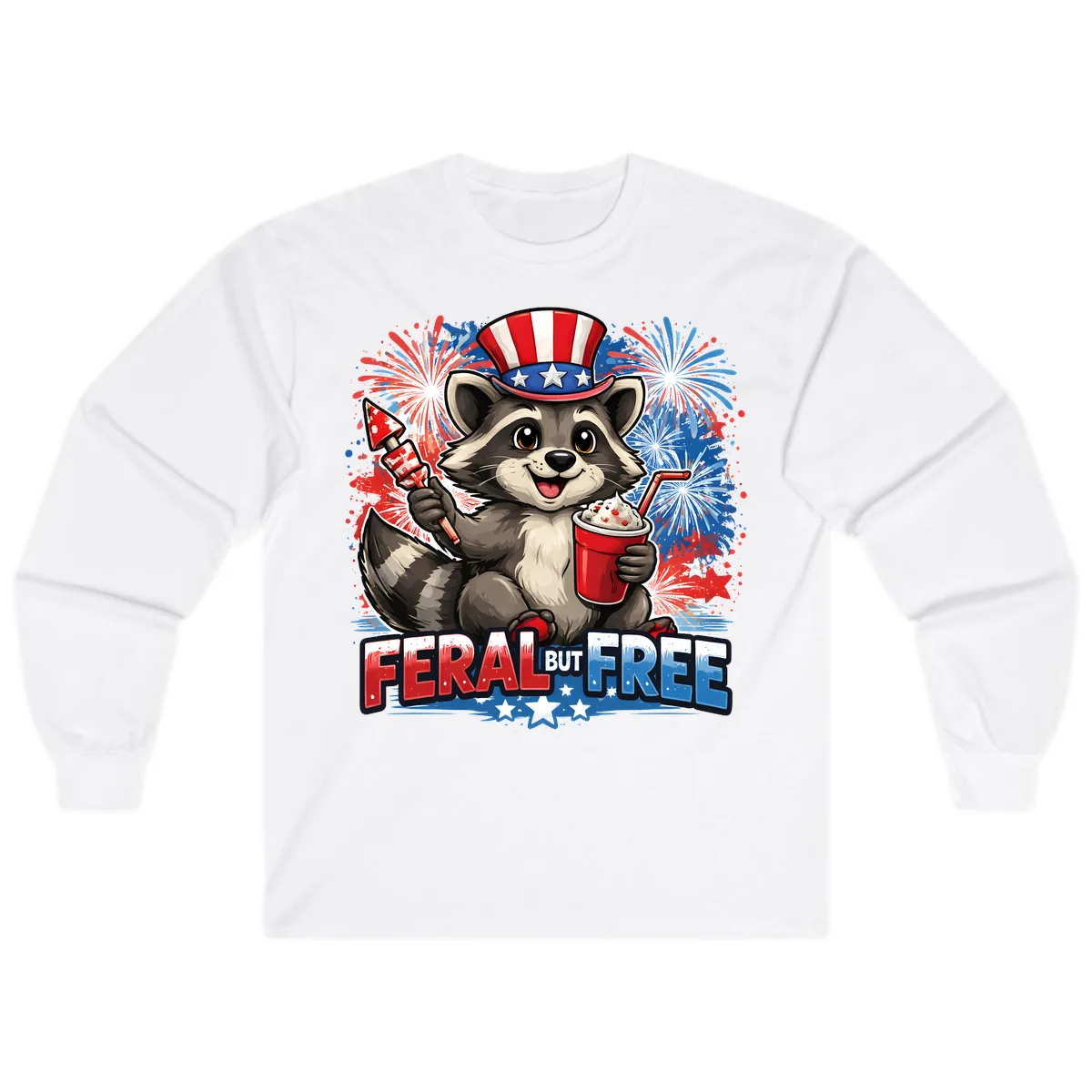 Feral But Free Raccoon Fourth of July Celebration Long Sleeve in White