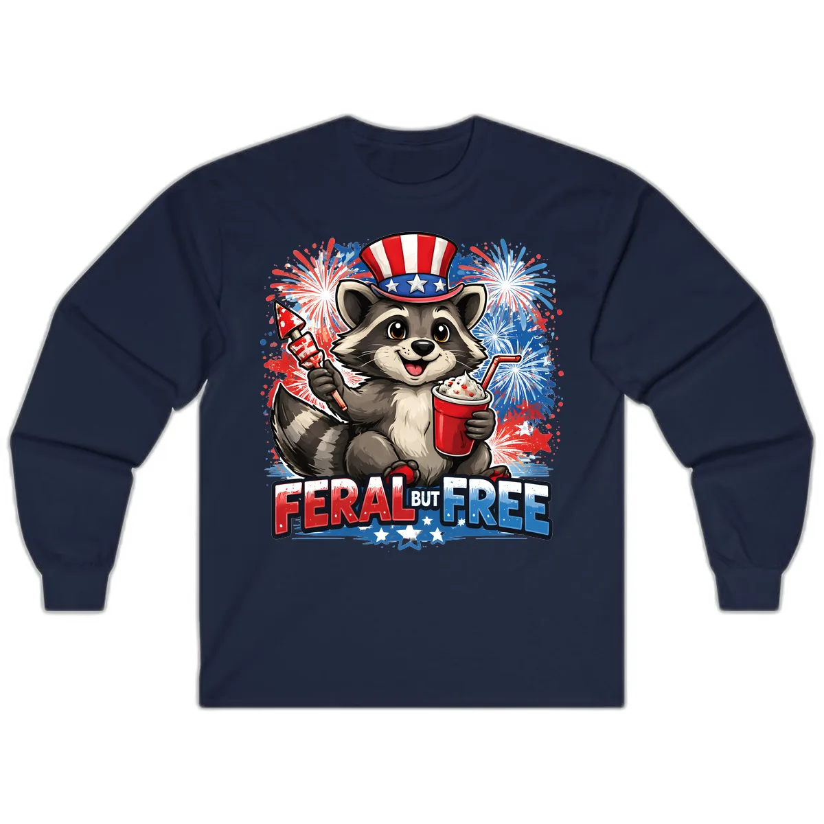 Feral But Free Raccoon Fourth of July Celebration Long Sleeve in Navy