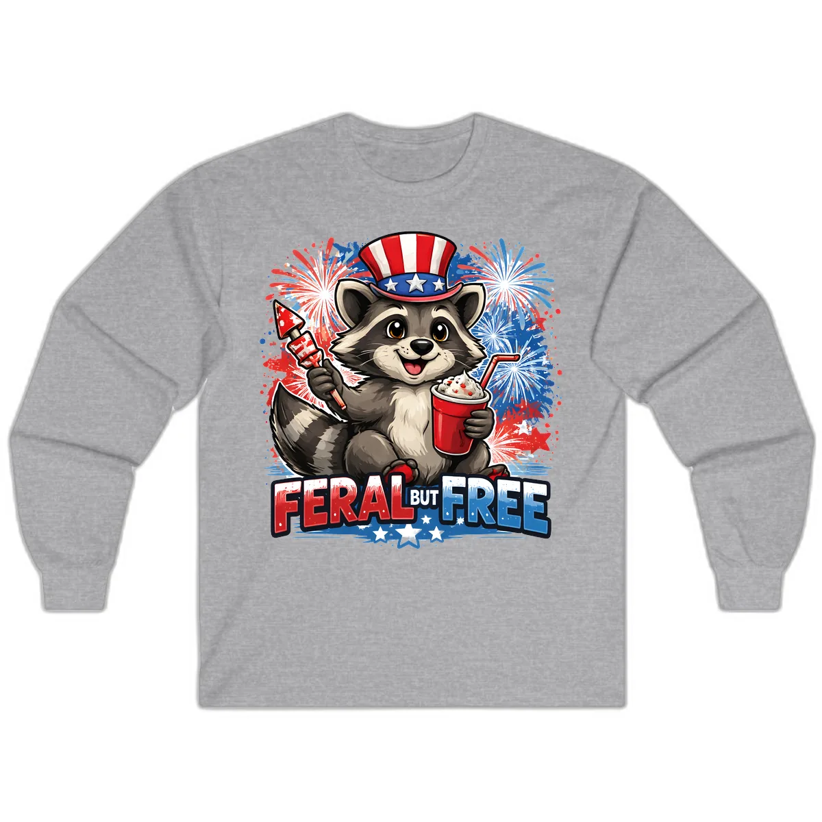 Feral But Free Raccoon Fourth of July Celebration Long Sleeve in Sport Grey