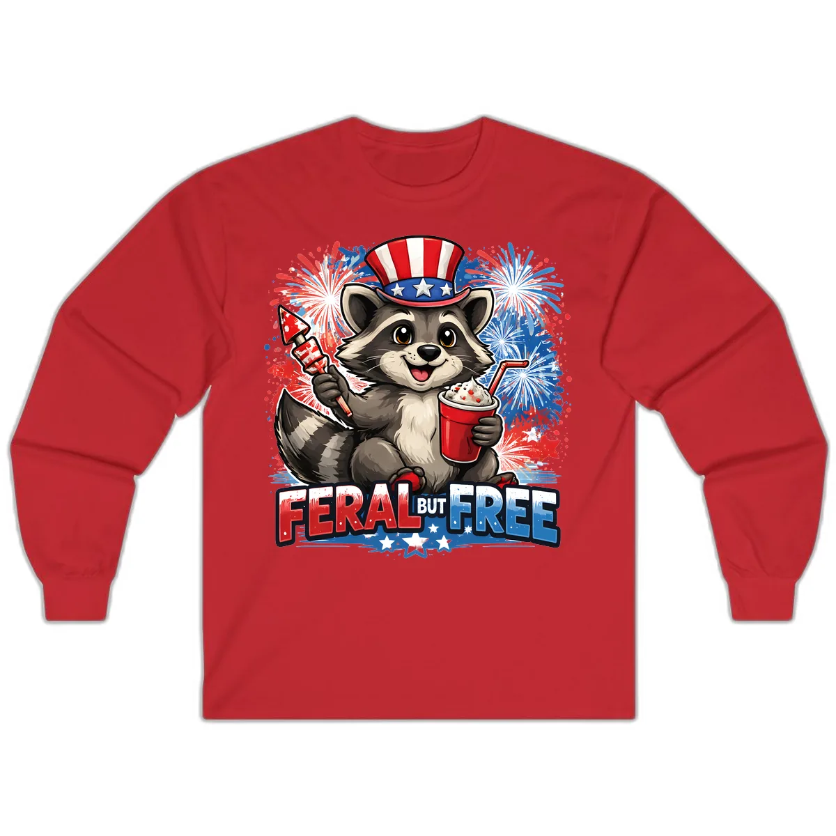 Feral But Free Raccoon Fourth of July Celebration Long Sleeve in Red