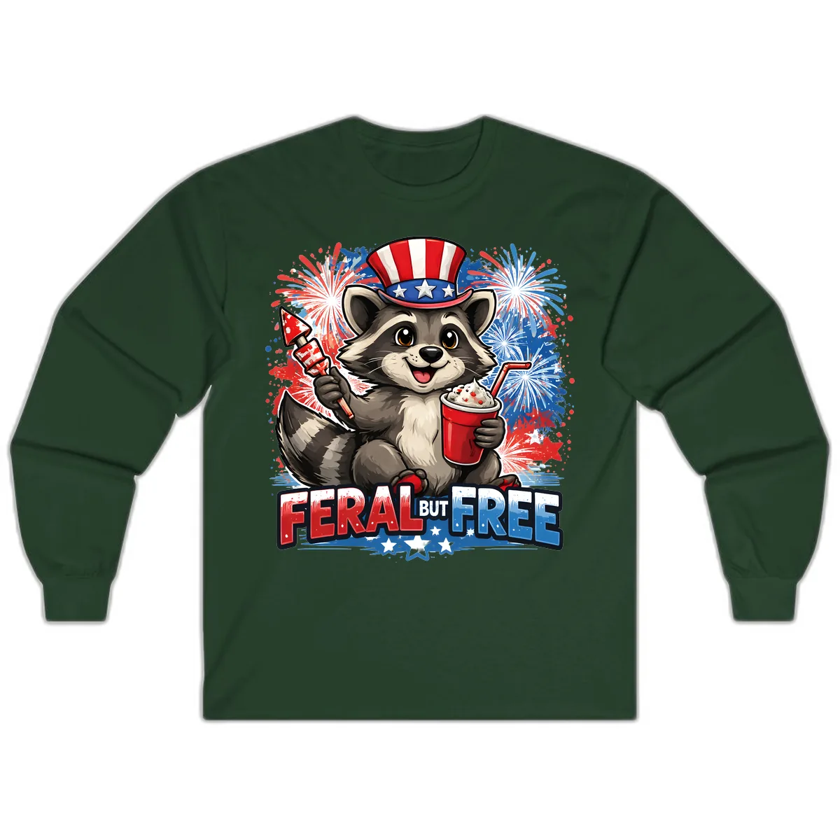 Feral But Free Raccoon Fourth of July Celebration Long Sleeve in Forest Green