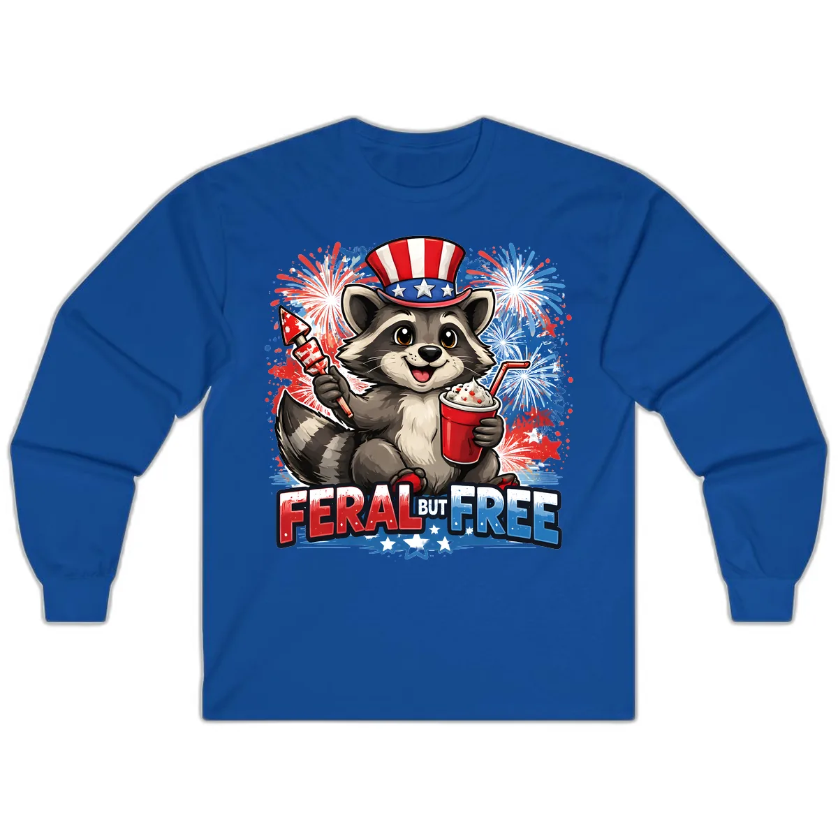 Feral But Free Raccoon Fourth of July Celebration Long Sleeve in Royal