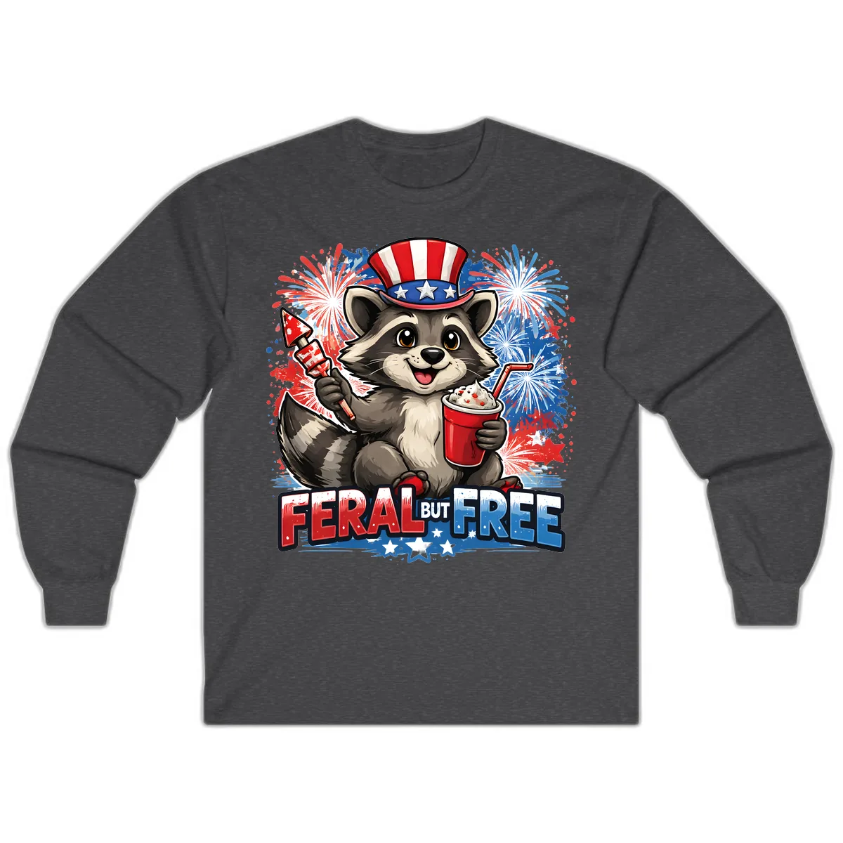 Feral But Free Raccoon Fourth of July Celebration Long Sleeve in Dark Heather