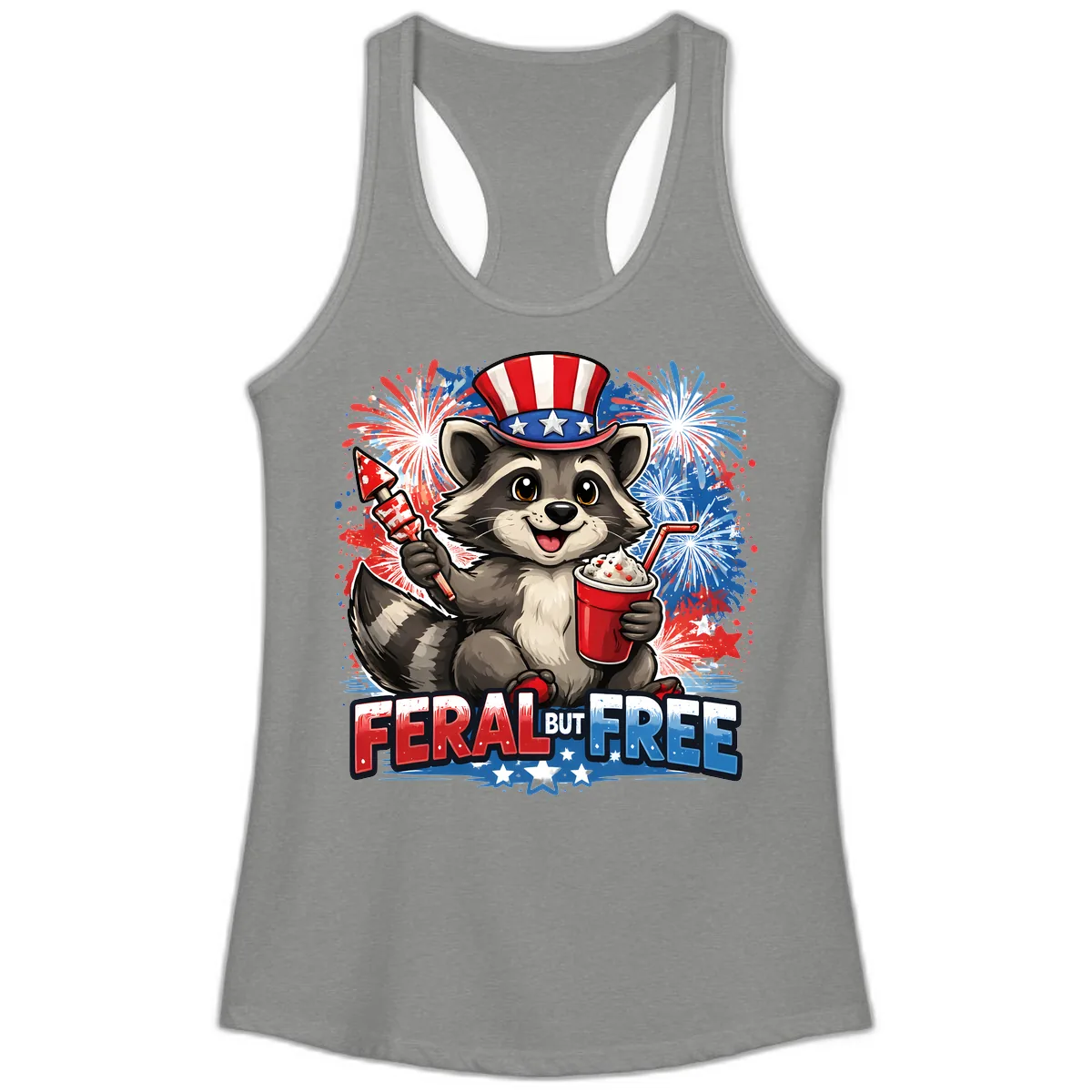 Feral But Free Raccoon Fourth of July Celebration Ladies Tank in Heather Grey