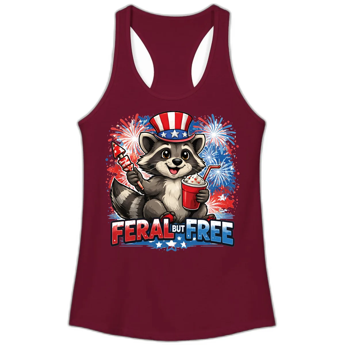 Feral But Free Raccoon Fourth of July Celebration Ladies Tank in Solid Cardinal Red