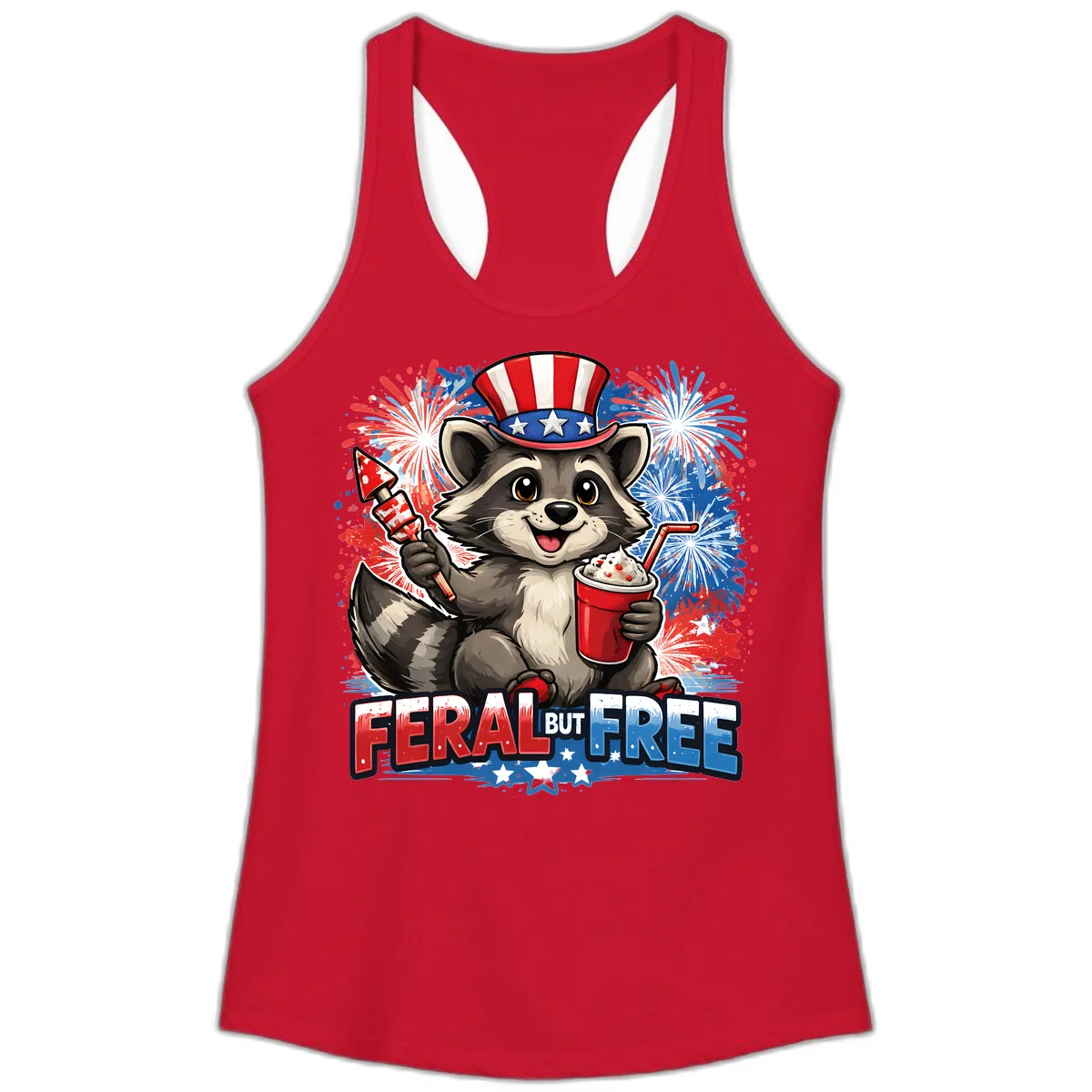 Feral But Free Raccoon Fourth of July Celebration Ladies Tank in Solid Red