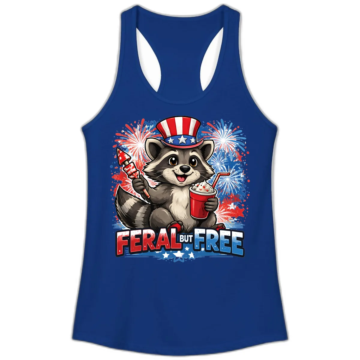 Feral But Free Raccoon Fourth of July Celebration Ladies Tank in Solid Royal