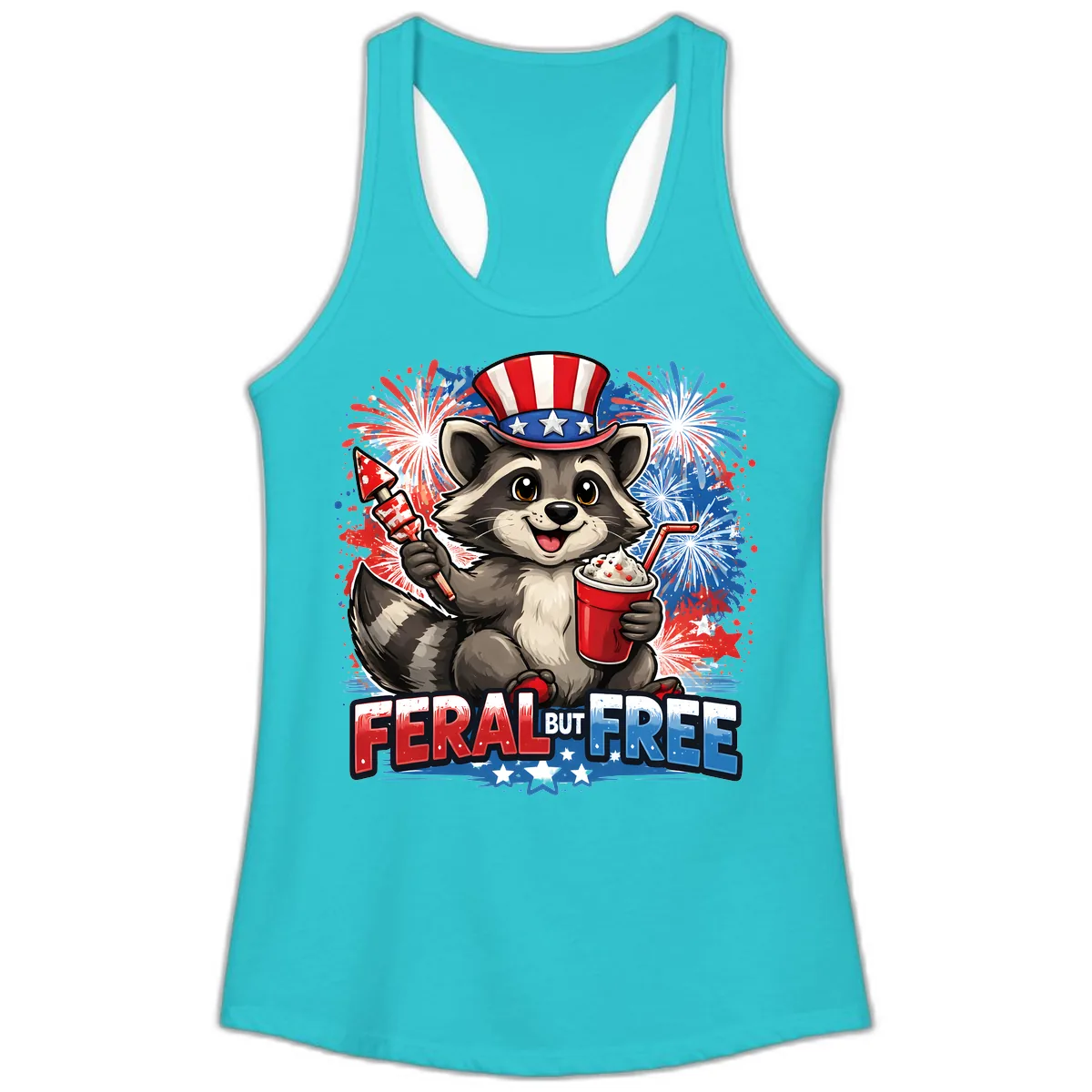 Feral But Free Raccoon Fourth of July Celebration Ladies Tank in Solid Tahiti Blue