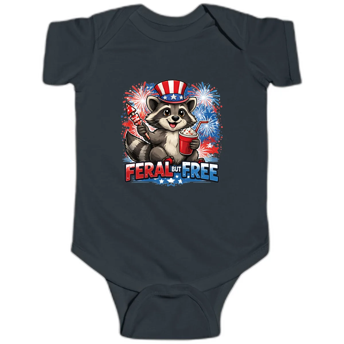 Feral But Free Raccoon Fourth of July Celebration Baby Onesie in Black