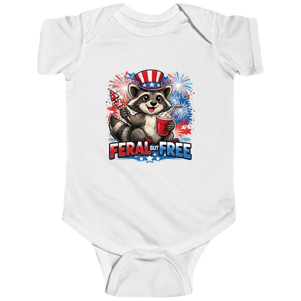 Feral But Free Raccoon Fourth of July Celebration Baby Onesie in White