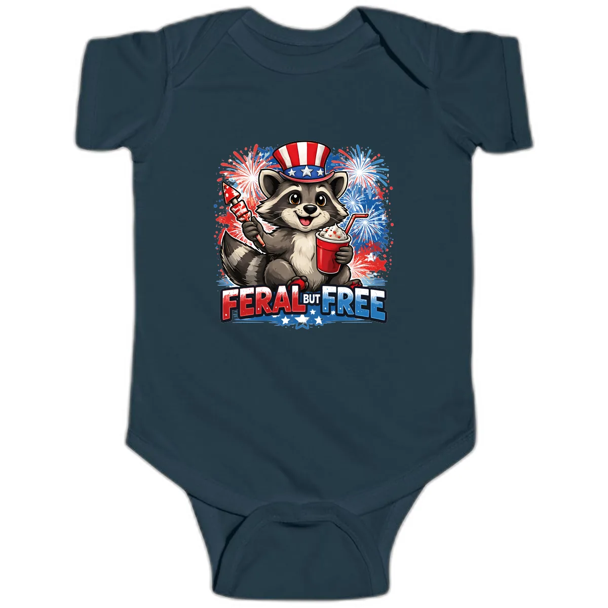 Feral But Free Raccoon Fourth of July Celebration Baby Onesie in Navy