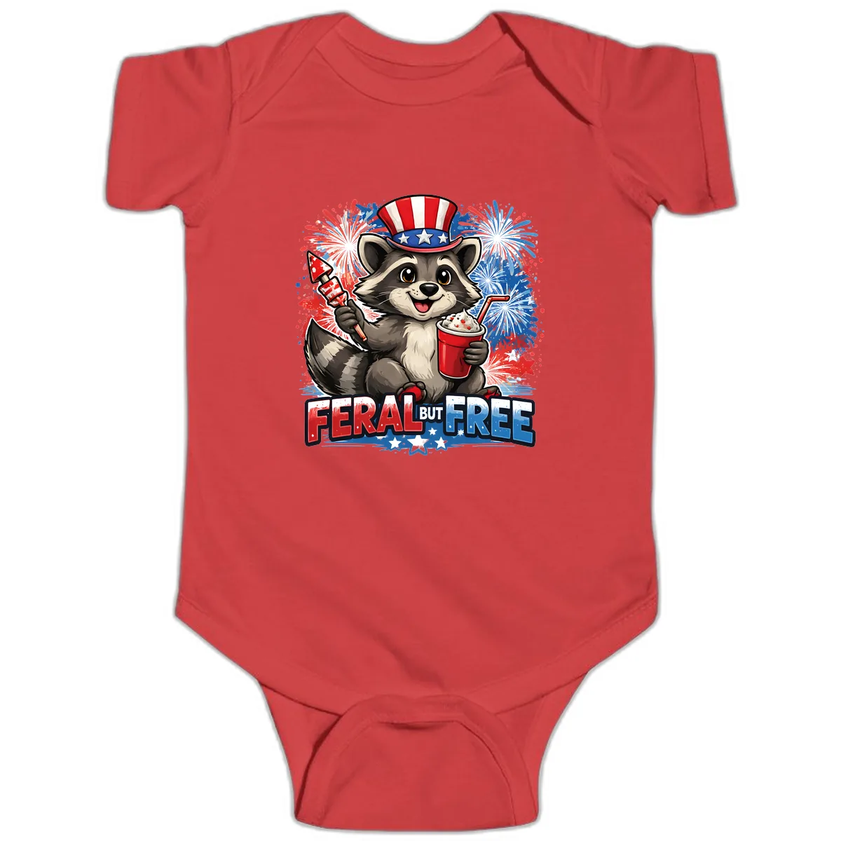 Feral But Free Raccoon Fourth of July Celebration Baby Onesie in Red