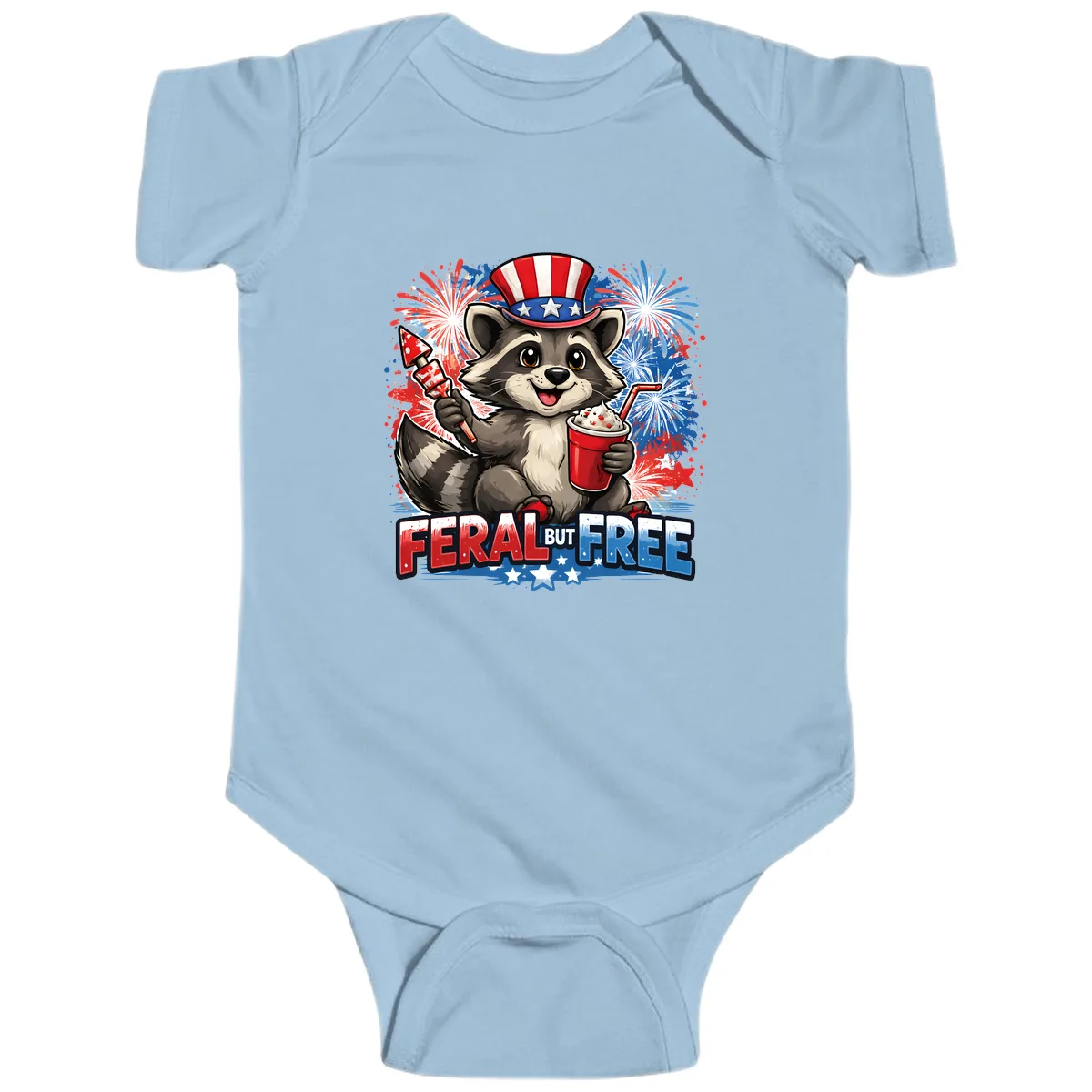 Feral But Free Raccoon Fourth of July Celebration Baby Onesie in Light Blue