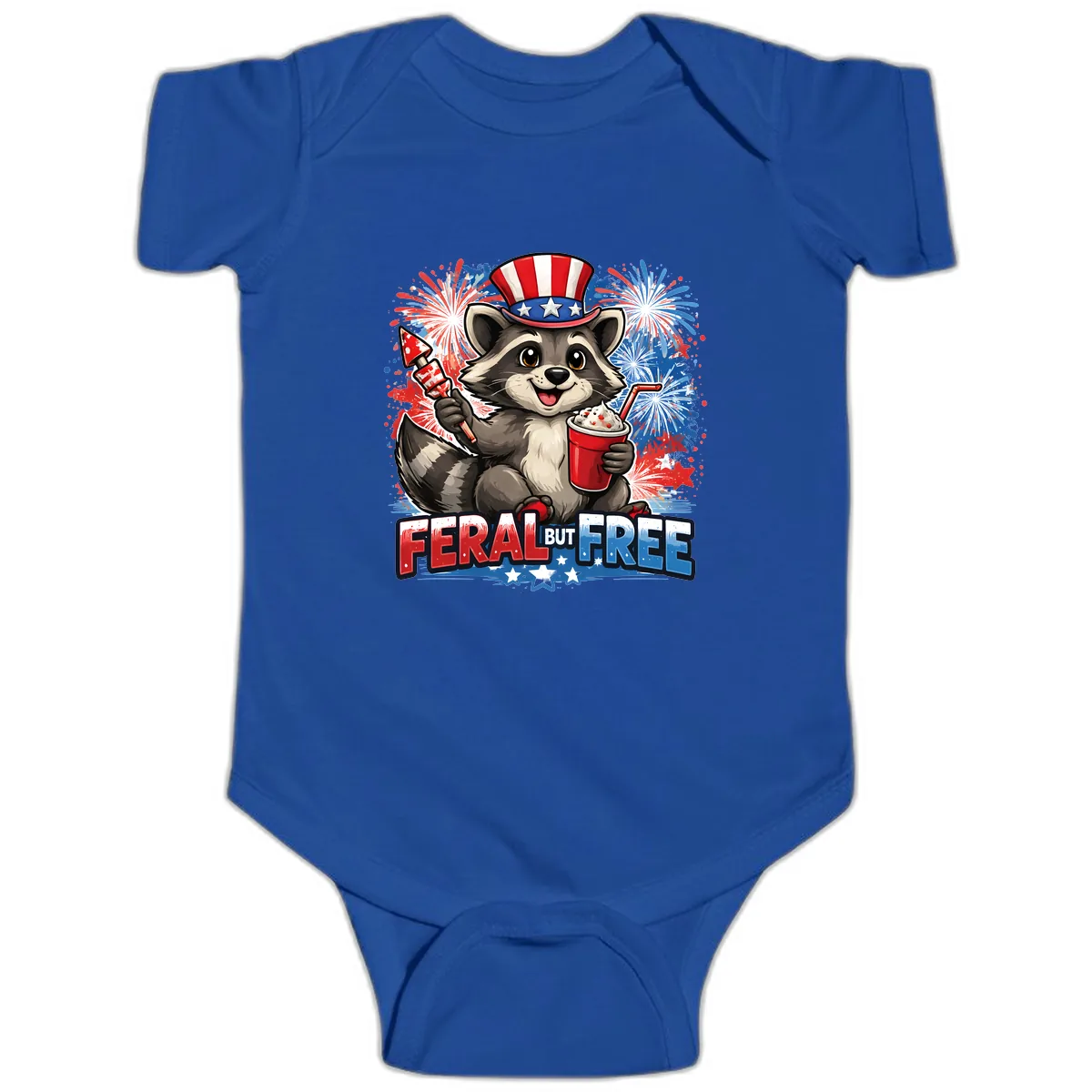 Feral But Free Raccoon Fourth of July Celebration Baby Onesie in Royal