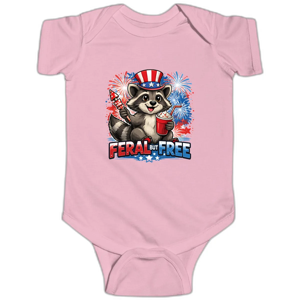 Feral But Free Raccoon Fourth of July Celebration Baby Onesie in Pink