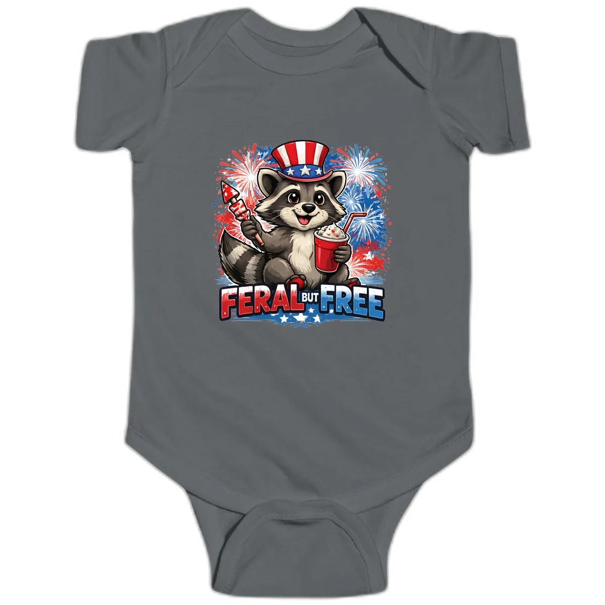 Feral But Free Raccoon Fourth of July Celebration Baby Onesie in Charcoal