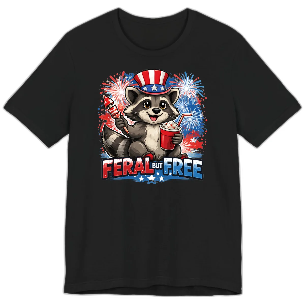 Feral But Free Raccoon Fourth of July Celebration Premium T-Shirt in Black