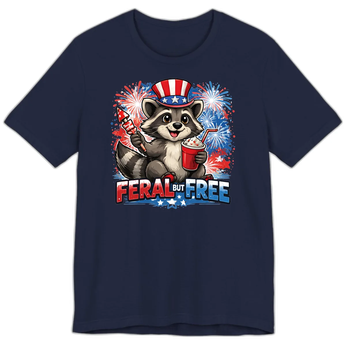 Feral But Free Raccoon Fourth of July Celebration Premium T-Shirt in Navy