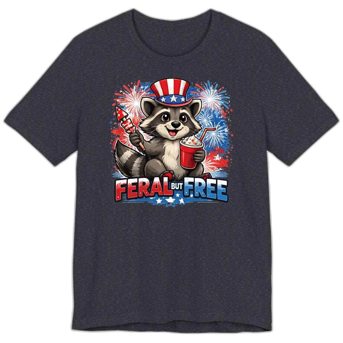 Feral But Free Raccoon Fourth of July Celebration Premium T-Shirt in Heather Navy