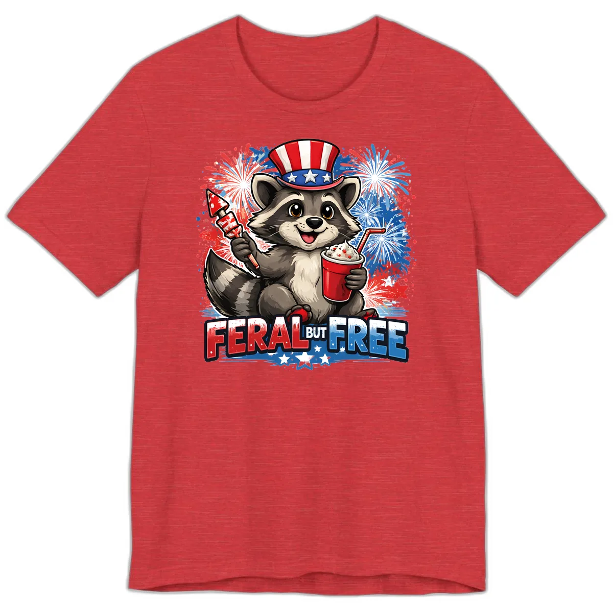 Feral But Free Raccoon Fourth of July Celebration Premium T-Shirt in Heather Red