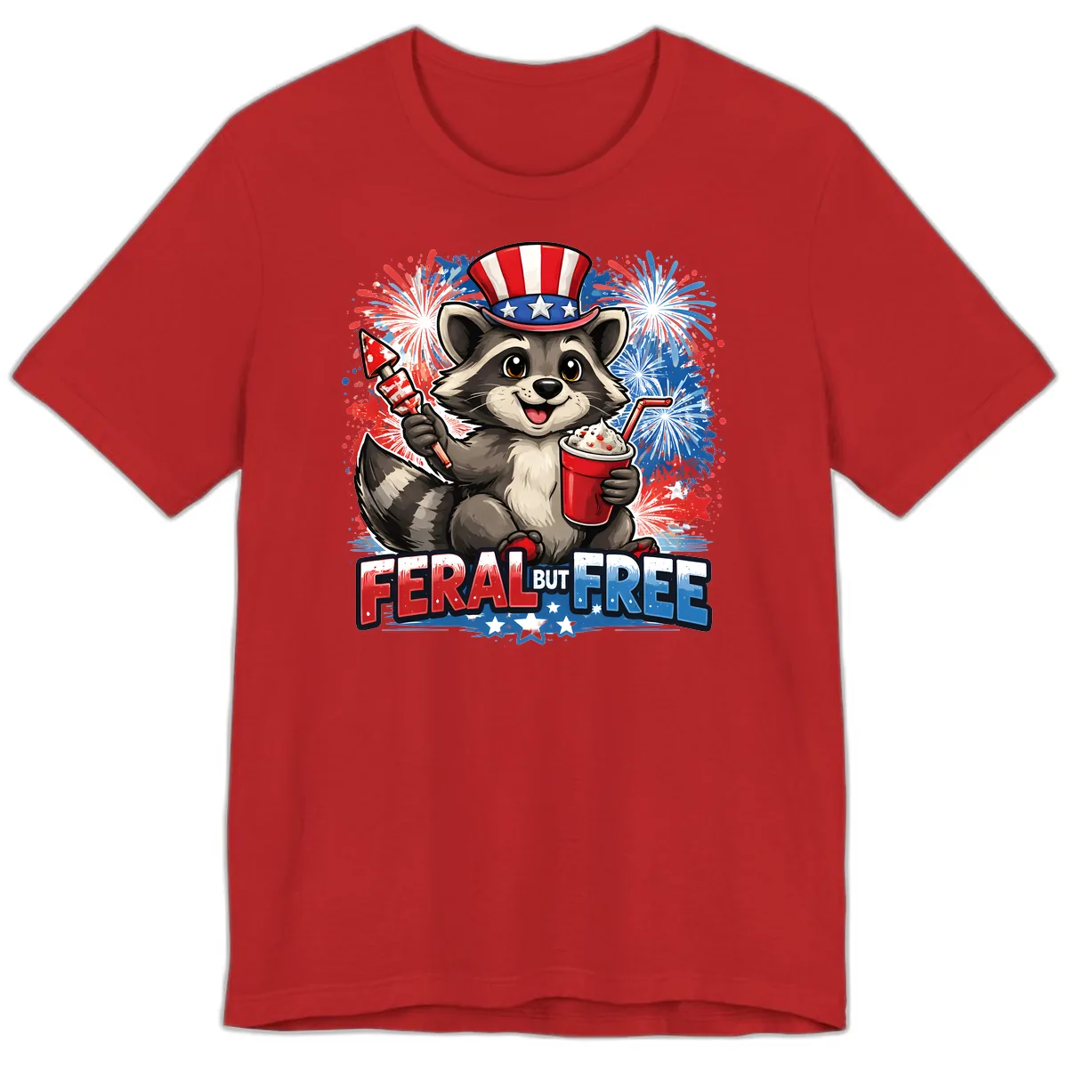 Feral But Free Raccoon Fourth of July Celebration Premium T-Shirt in Red