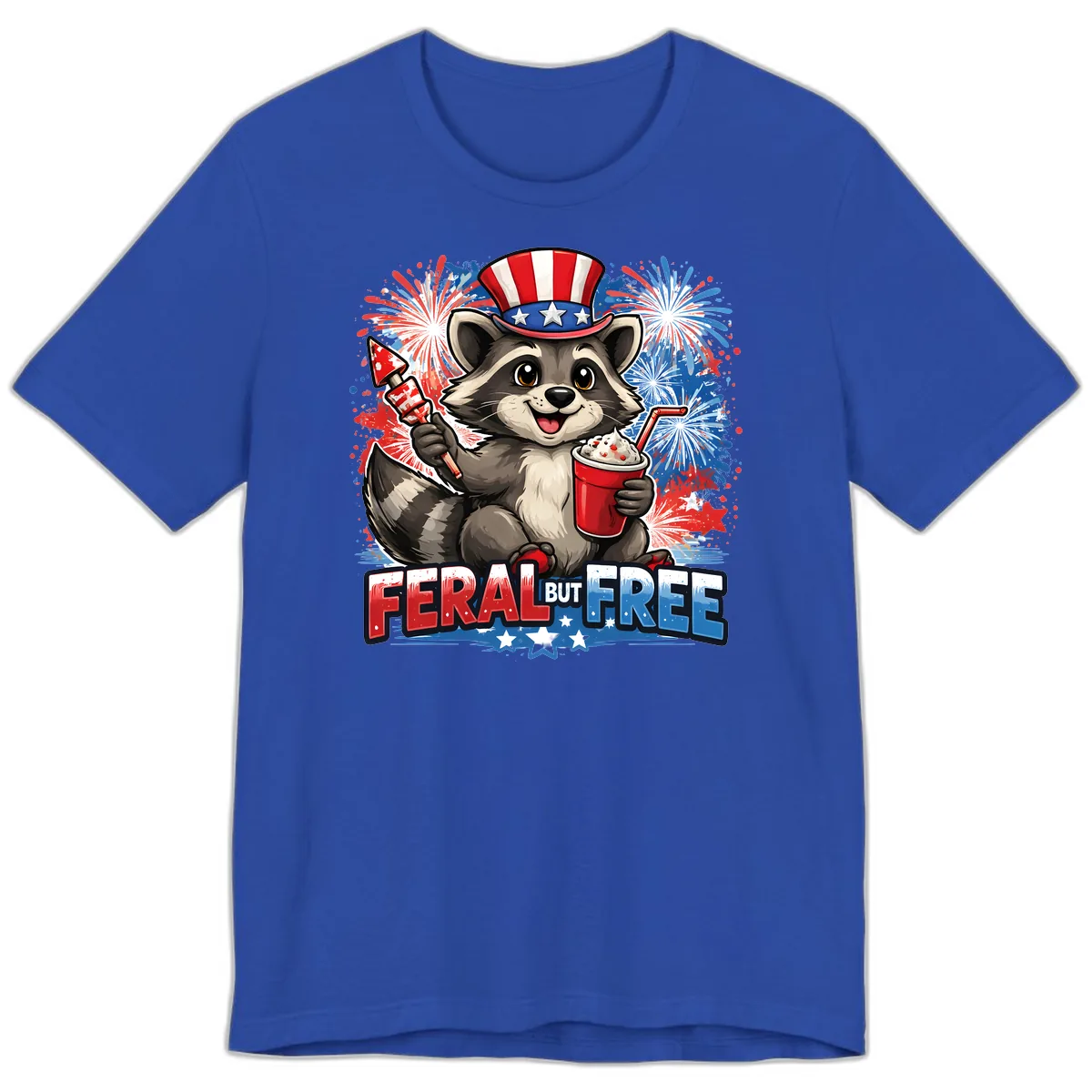 Feral But Free Raccoon Fourth of July Celebration Premium T-Shirt in True Royal