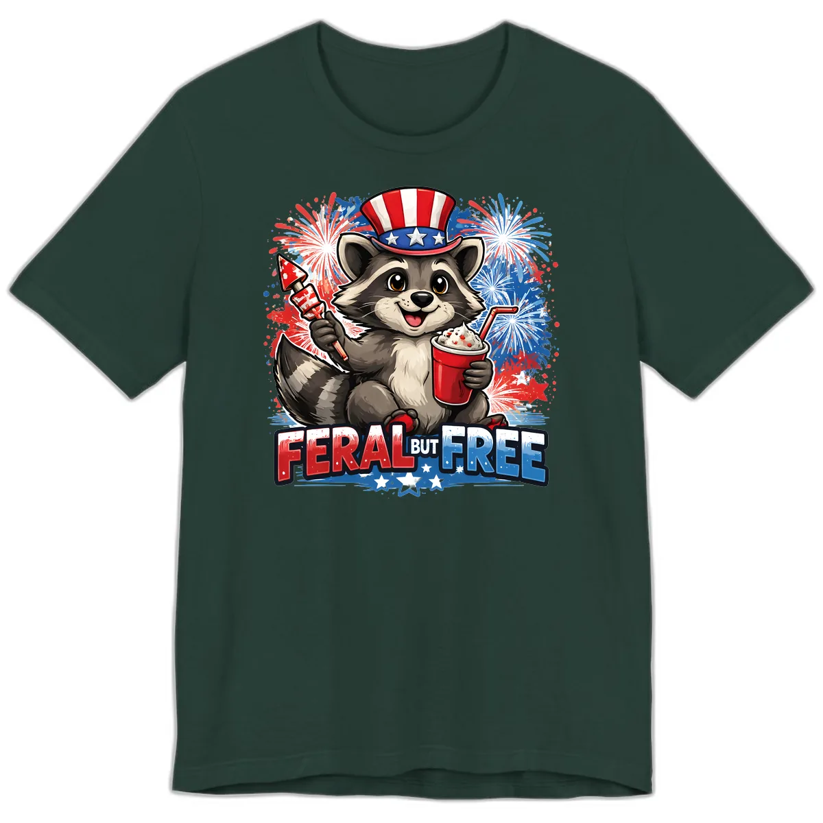 Feral But Free Raccoon Fourth of July Celebration Premium T-Shirt in Forest