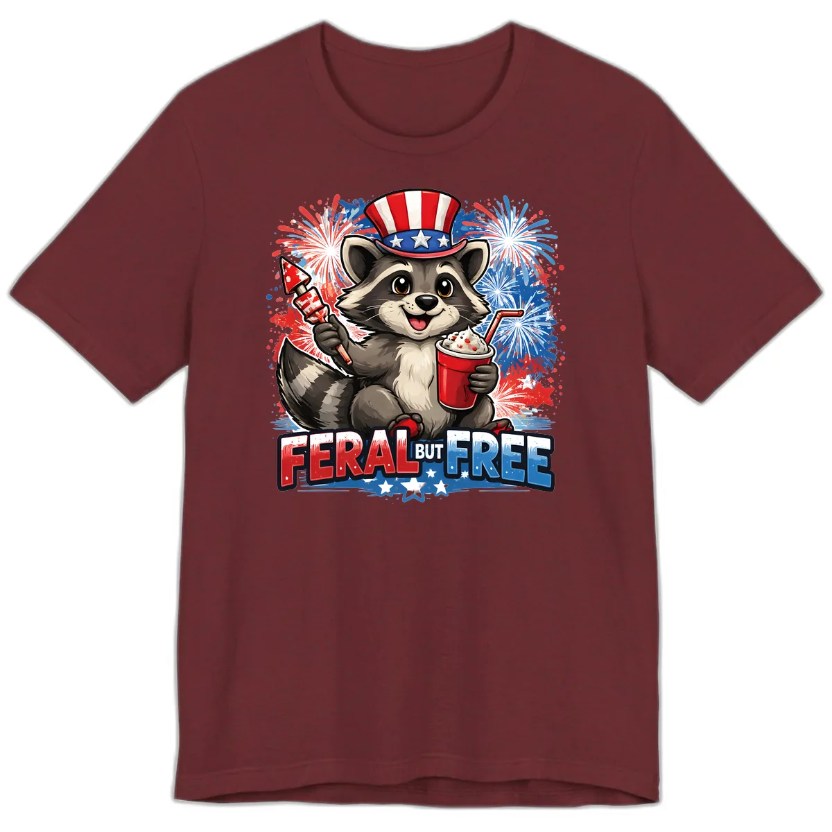 Feral But Free Raccoon Fourth of July Celebration Premium T-Shirt in Heather Cardinal