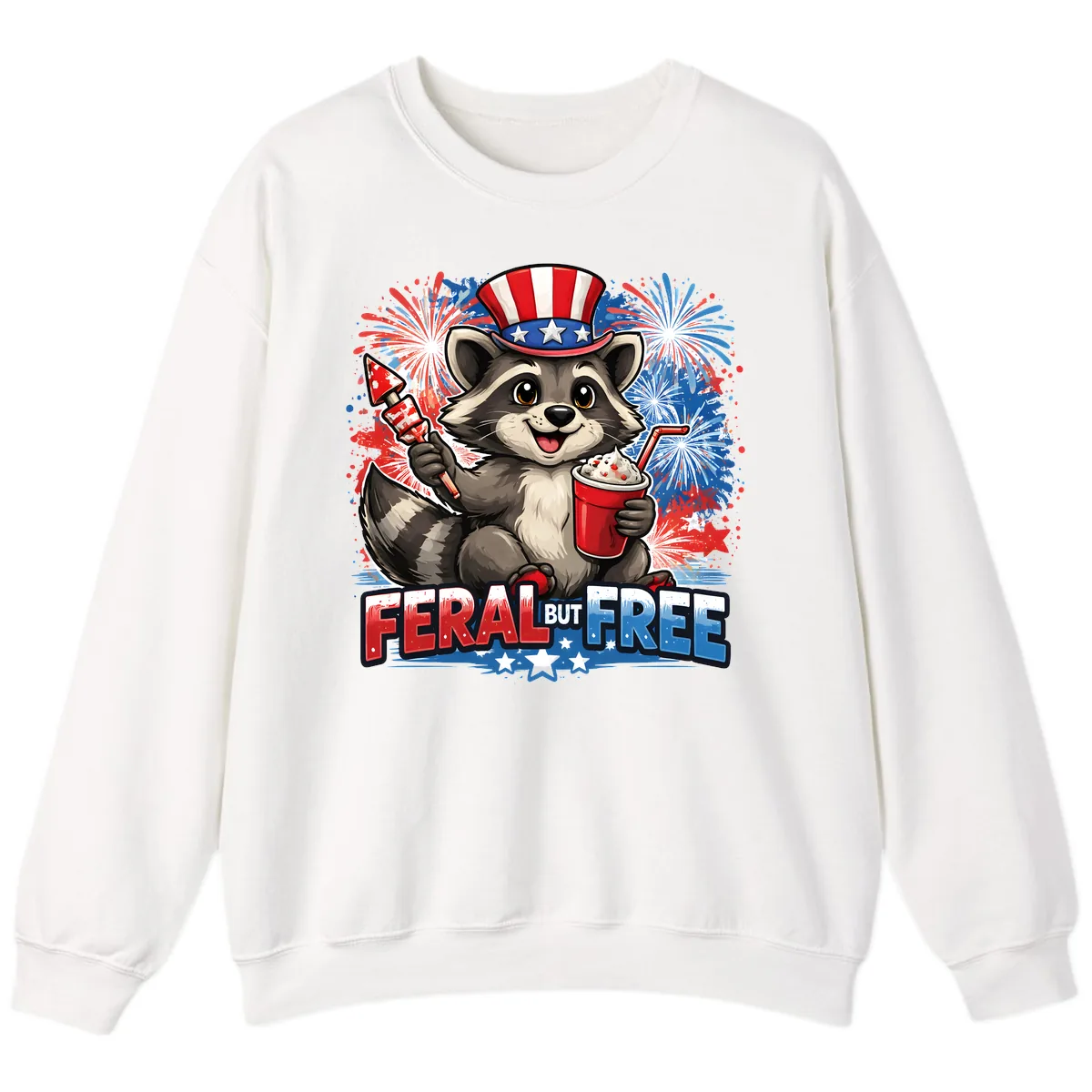 Feral But Free Raccoon Fourth of July Celebration Sweatshirt in White