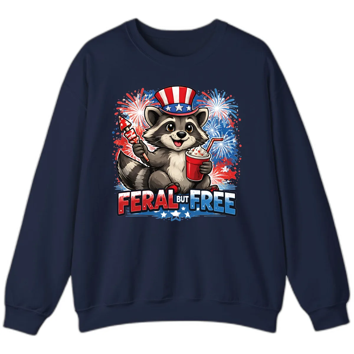 Feral But Free Raccoon Fourth of July Celebration Sweatshirt in Navy