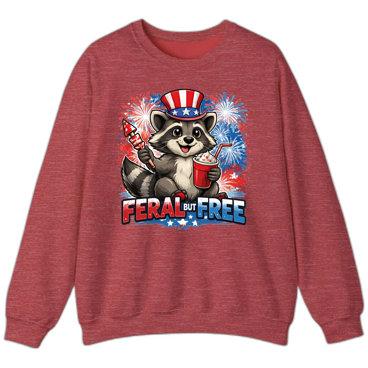 Feral But Free Raccoon Fourth of July Celebration Sweatshirt in Heather Scarlet Red