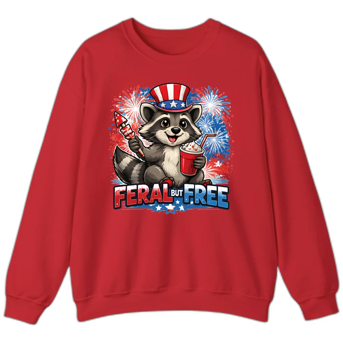 Feral But Free Raccoon Fourth of July Celebration Sweatshirt in Red