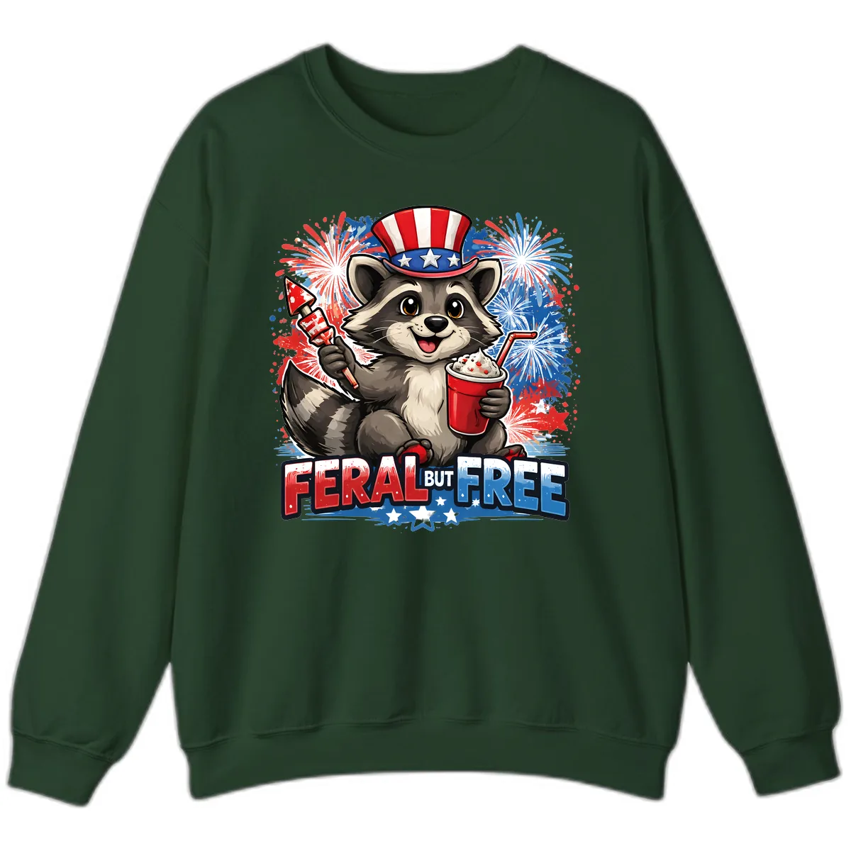 Feral But Free Raccoon Fourth of July Celebration Sweatshirt in Forest Green