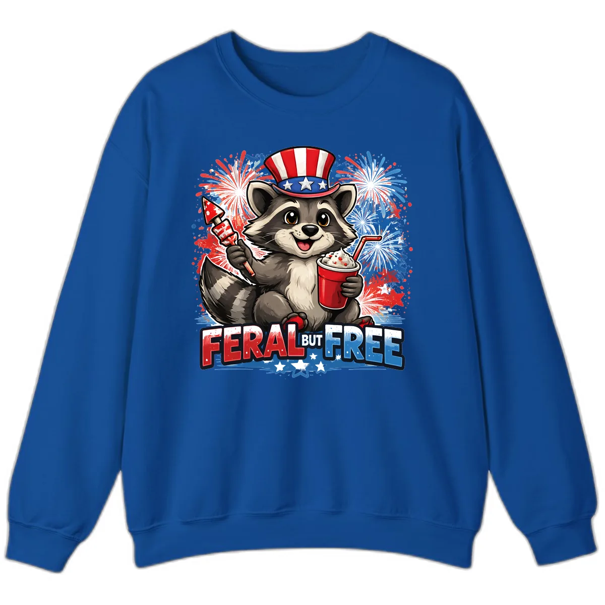 Feral But Free Raccoon Fourth of July Celebration Sweatshirt in Royal