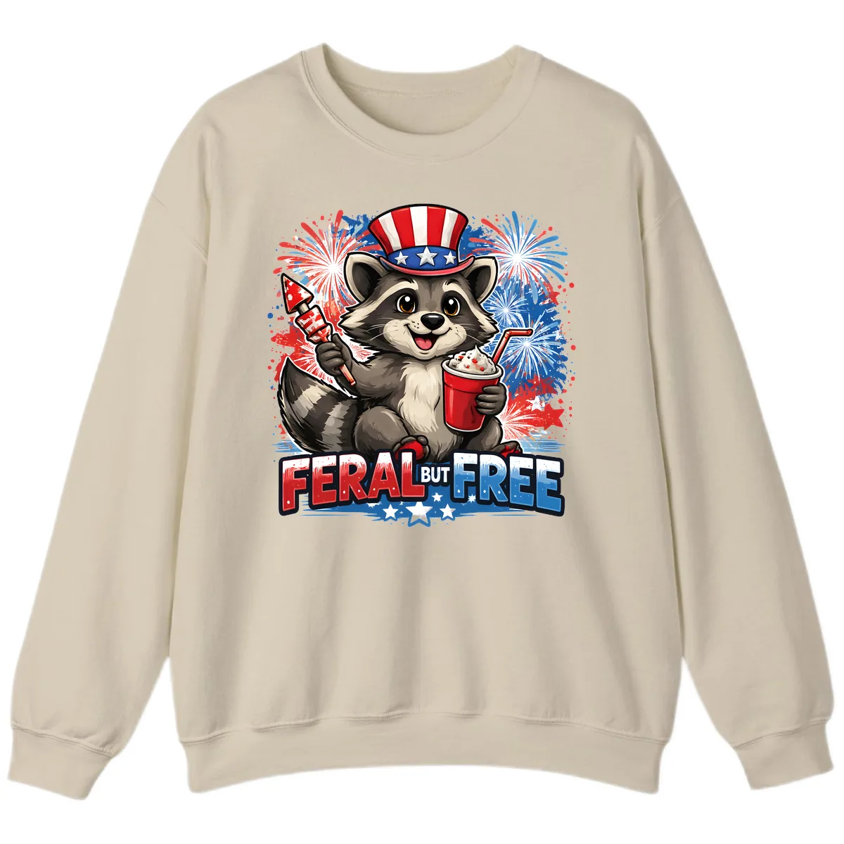 Feral But Free Raccoon Fourth of July Celebration Sweatshirt in Sand