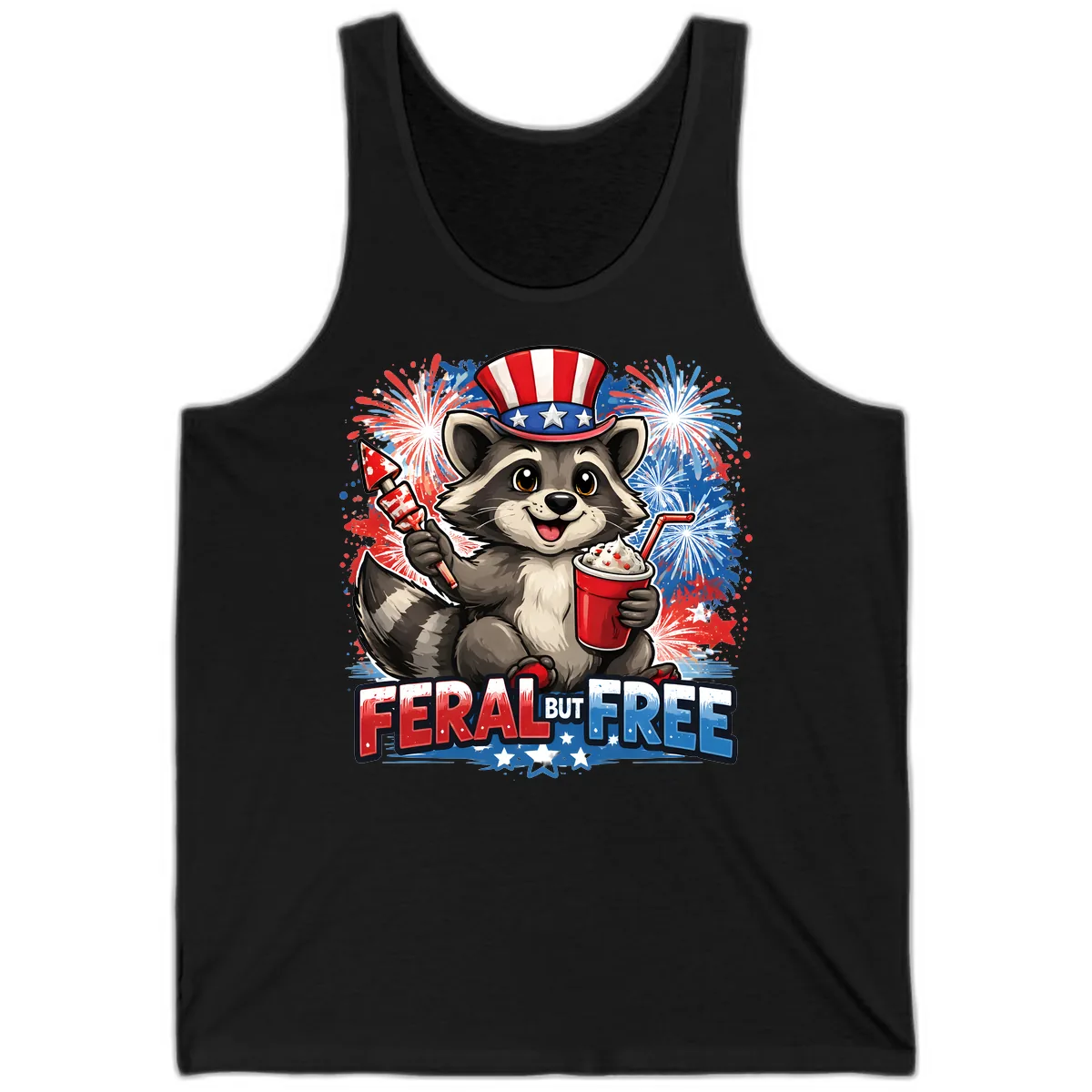 Feral But Free Raccoon Fourth of July Celebration Tank in Black