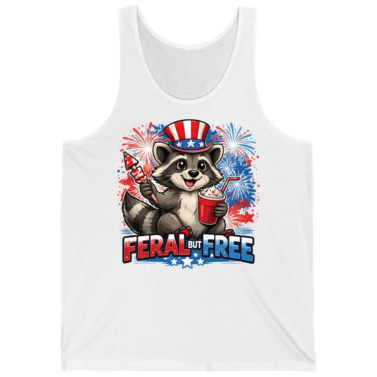 Feral But Free Raccoon Fourth of July Celebration Tank in White