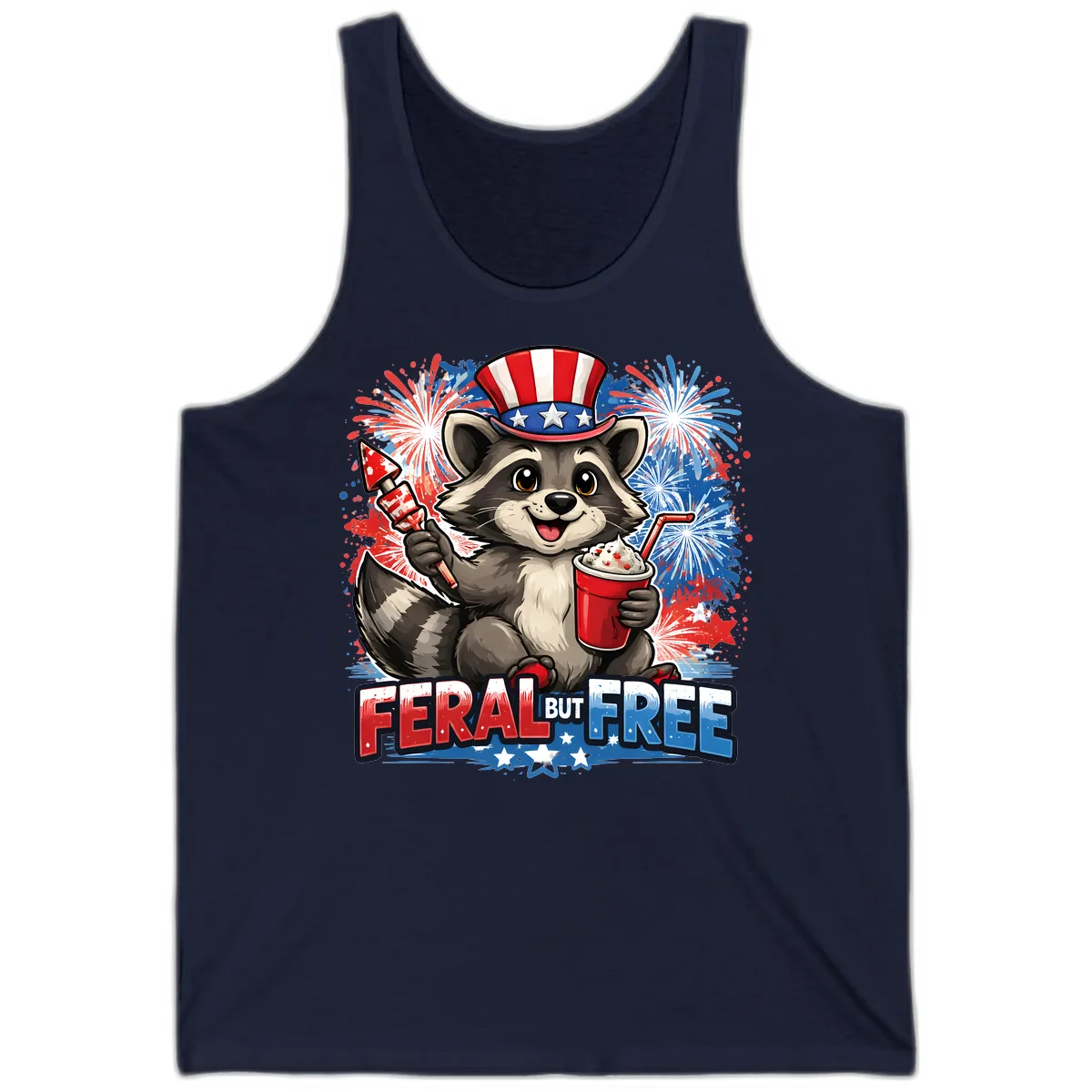 Feral But Free Raccoon Fourth of July Celebration Tank in Navy
