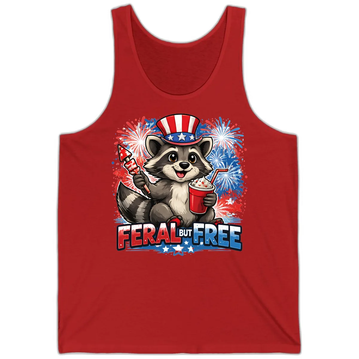 Feral But Free Raccoon Fourth of July Celebration Tank in Red