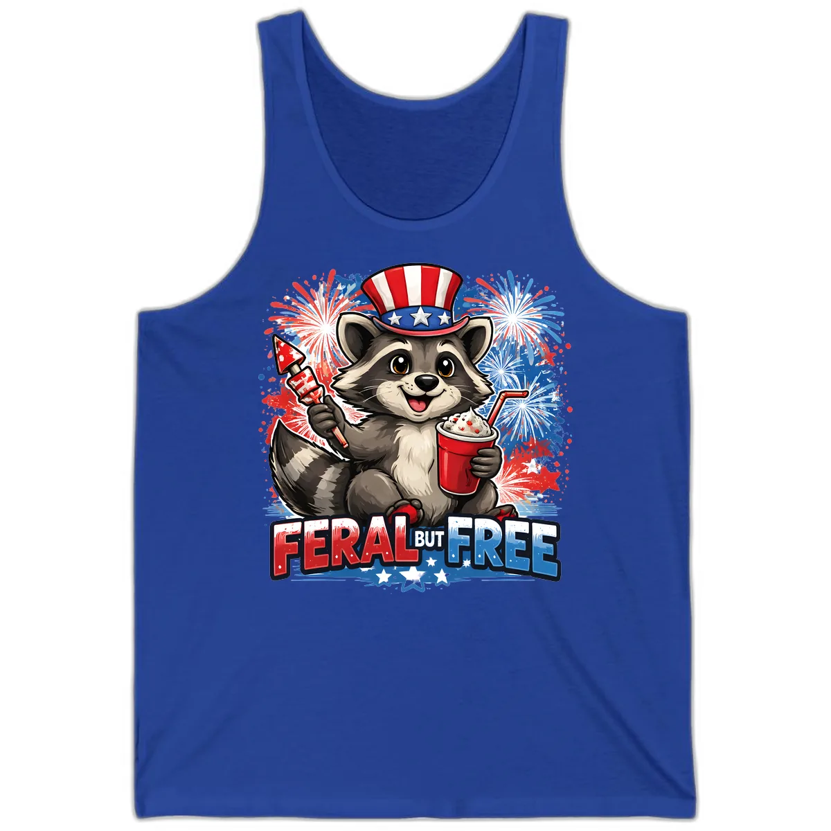 Feral But Free Raccoon Fourth of July Celebration Tank in True Royal