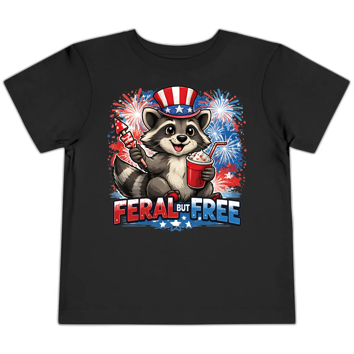 Feral But Free Raccoon Fourth of July Celebration Toddler T-Shirt in Black