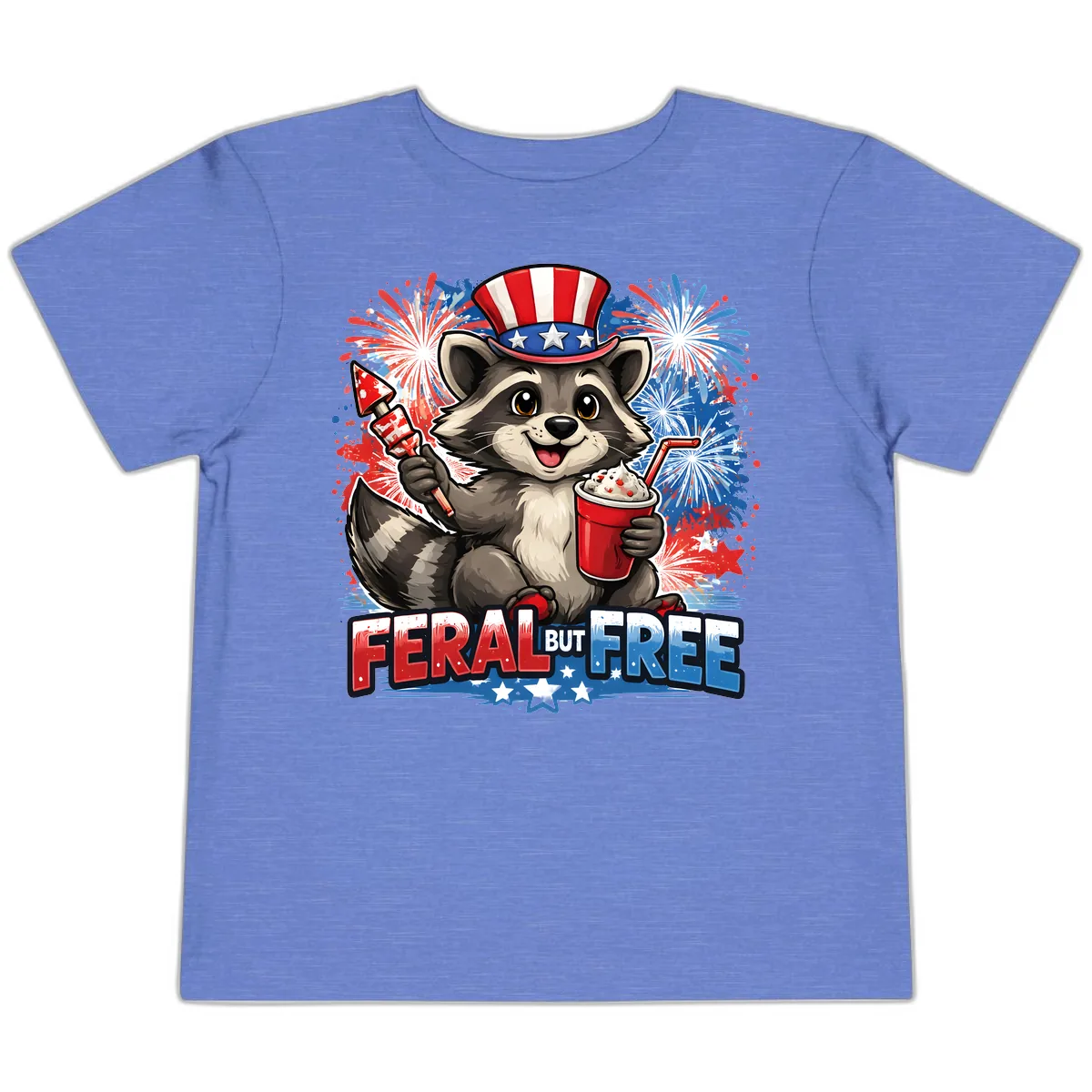 Feral But Free Raccoon Fourth of July Celebration Toddler T-Shirt in Heather Columbia Blue