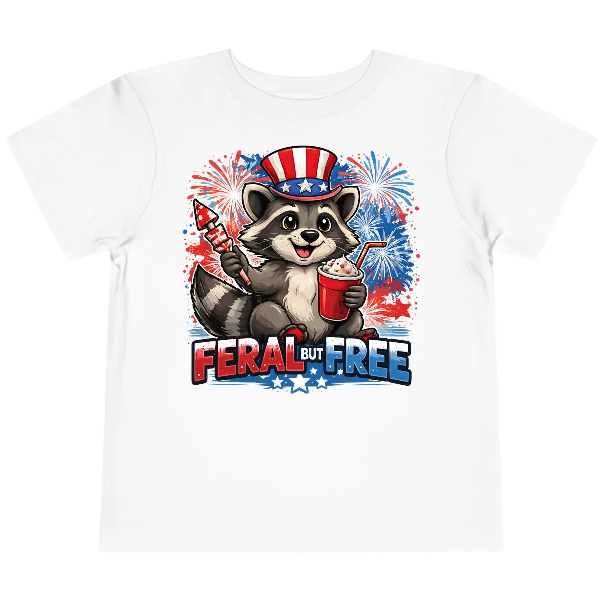 Feral But Free Raccoon Fourth of July Celebration Toddler T-Shirt in White