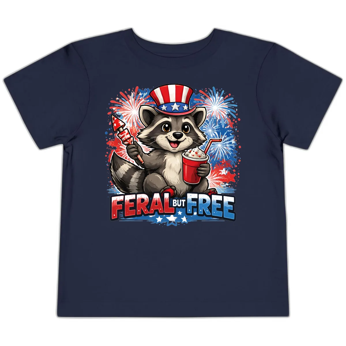 Feral But Free Raccoon Fourth of July Celebration Toddler T-Shirt in Navy