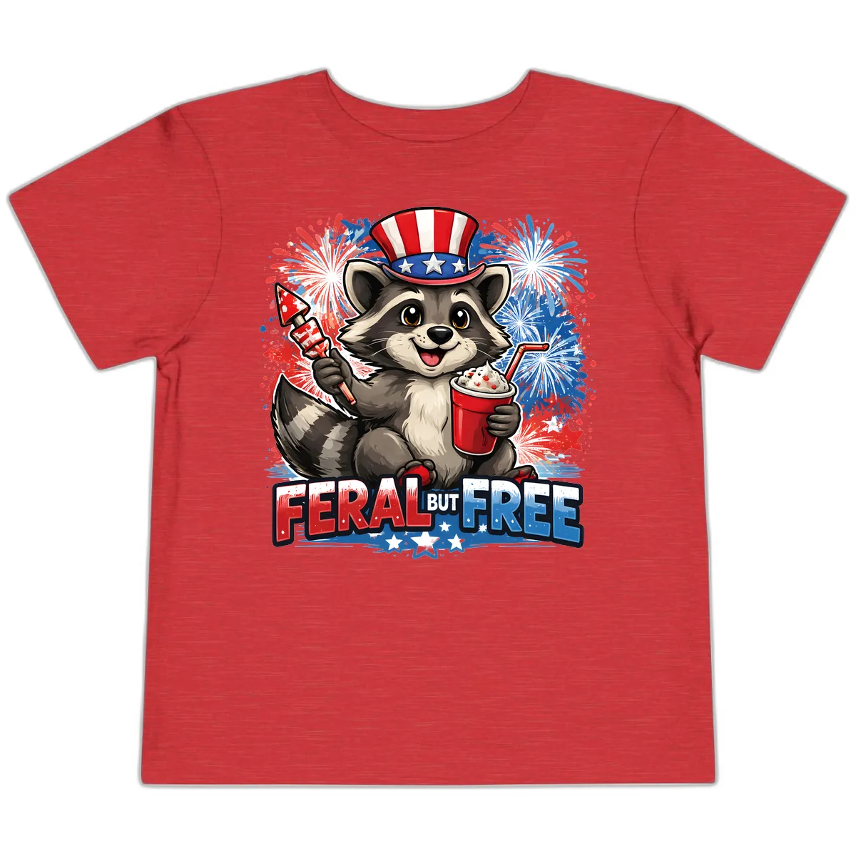 Feral But Free Raccoon Fourth of July Celebration Toddler T-Shirt in Heather Red